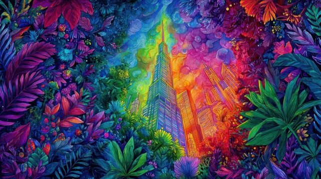 A vibrant, kaleidoscopic cityscape towers amidst colorful foliage. Bright rainbow hues dominate the scene