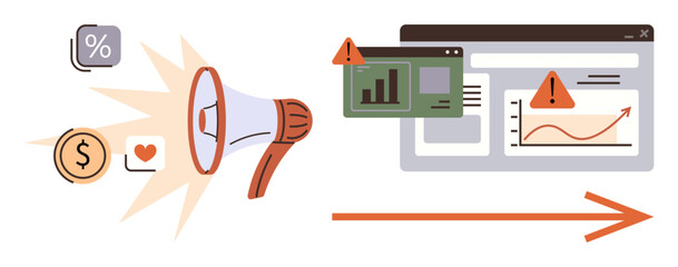 Megaphone projecting financial, percentage, and engagement icons with warnings displayed on charts in a browser. Ideal for marketing, analytics, campaign monitoring, advertising, risk management