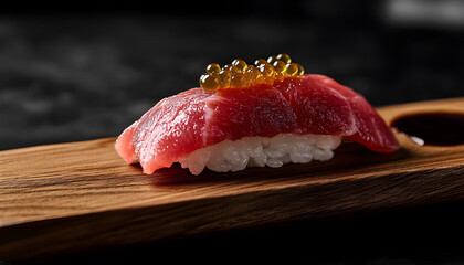 luxury food photography, a stunning product photo of a nigiri sushi featuring raw prime wagyu beef and caviar, with beautiful texture and lighting on a black background with a wooden board
