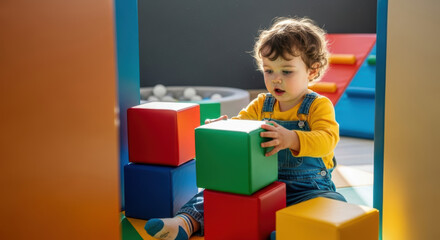 A toddler in overalls playing with colorful blocks in a playroom with a ball pit in the background