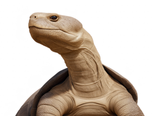 Close up view of tortoise showcasing its textured shell and distinctive features. tortoise appears curious and alert, with strong neck and expressive eyes, highlighting its unique characteristics