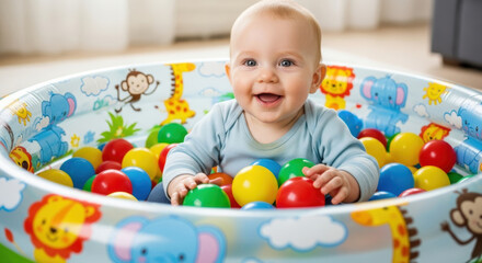 Obraz premium A baby is sitting in a ball pit with colorful balls and animal decorations on the side of the pit