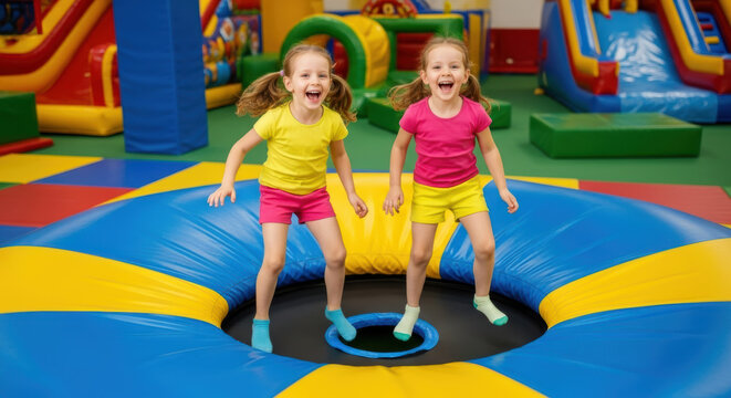 Two girls jumping on a trampoline in an indoor playground with slides and colorful soft play equipment