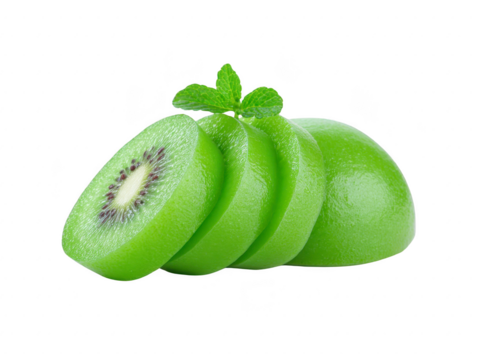Fresh green kiwi slices arranged neatly, showcasing their vibrant color and texture. sprig of mint adds refreshing touch, enhancing visual appeal of this healthy fruit
