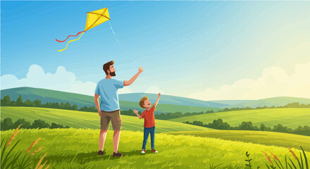 Father's day father and son flying kite outdoor activity family time together in nature landscape summer fun childhood memories vector