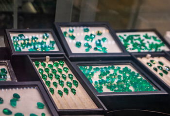 Beautiful emerald gemstones, a Grand Bazaar jewelry workshop in Istanbul, Turkey