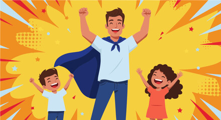 Obraz premium Father's day celebrating father's day with superhero dad and happy children illustration vector design template art work vector