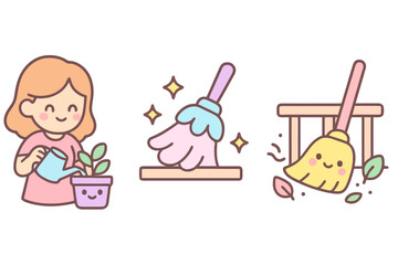 Kawaii pastel icons of home care chores: watering plants, dusting, and sweeping balcony. Fully filled pastel colors for homemaker lifestyle illustrations.