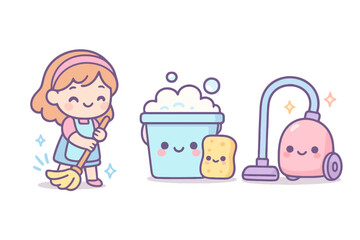 Kawaii pastel icons of house cleaning: sweeping woman, bucket with bubbles, and vacuum cleaner. Perfect for homemaker stock illustrations and sticker sets.