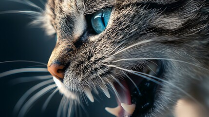 Cat showing sharp teeth in close-up profile view
. Close-up of open cat mouth revealing sharp teeth and whiskers. Feline dental anatomy. Pet Dental Health Month awareness concept
