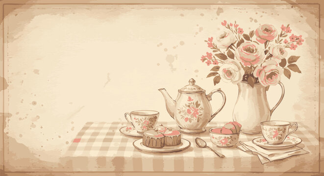 Vintage still life of an afternoon tea party with a classic teapot, cups, cupcakes, and a rose bouquet. Retro watercolor style illustration.