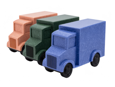 Colorful toy trucks various shades, including pink, green, and blue, designed for children. These playful vehicles are made from durable material, perfect for imaginative play and enhancing motor