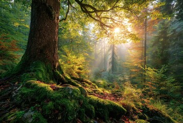 Obraz premium Forest landscape featuring sunrays filtering through trees, with moss-covered roots in foreground