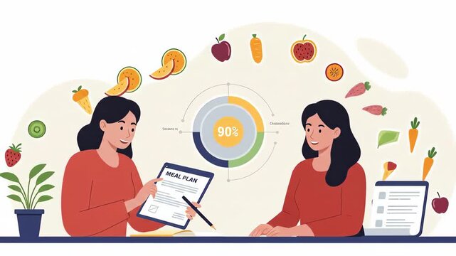 Flat vector illustration of a nutrition advisor consulting with a client about their diet and health, showcasing healthy food choices, meal planning, and wellness in a modern flat design style