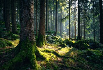Fototapeta premium Forest floor of evergreens are covered in moss and sunlight streams through the tall trees