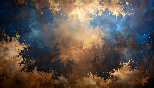 Abstract Painting with Textured Blue and Gold Hues