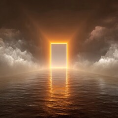 Empty glowing orange portal over water