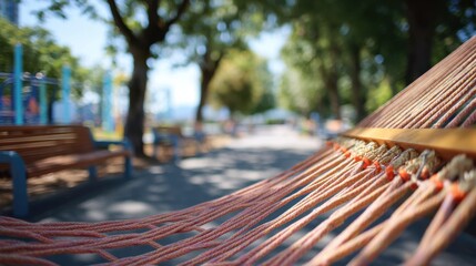 Medium shot highlighting the structure of a pilot communal hammock unit in a public park with focused ropes and fabric while walking paths and park benches are out of focus in the