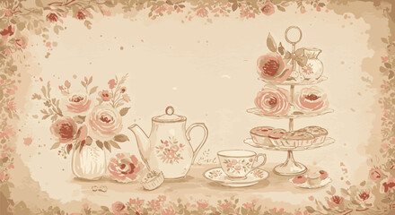 Elegant still life of a vintage tea party with pink roses and pastries. Watercolor style illustration on a sepia background with a floral frame.