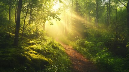 Obraz premium In the spring, the forest takes on a beautiful appearance as sunlight shines brightly through the trees