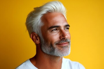 Obraz premium A happy man in a studio photo. A happy and poised man radiating charm. Yellow solid background. Chic men's side part haircut - midlife white man with blond hair. Idea of style for aging men.