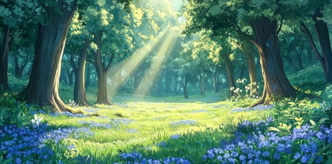 woodland forest background banner with anime cartoon style, created using generated ai, generated, ai