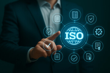 Businessman Interacting with ISO Standard Certification Global Network Interface