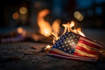 American flag on the ground engulfed in flames with blurred bokeh lights background