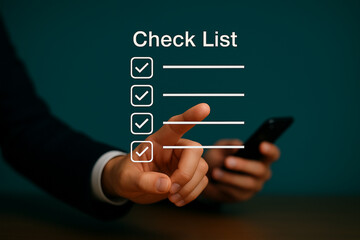 Businessperson using a digital checklist on a touchscreen device while holding a smartphone