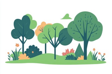 A forest landscape with an abundance of trees and grass, depicted in a modern nature-inspired illustration style