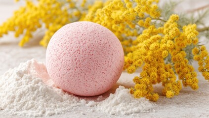 Pink bath bomb surrounded by flour and yellow flowers