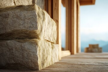 Stone blocks stand on wood platform, with a blurred view of mountains on the horizon