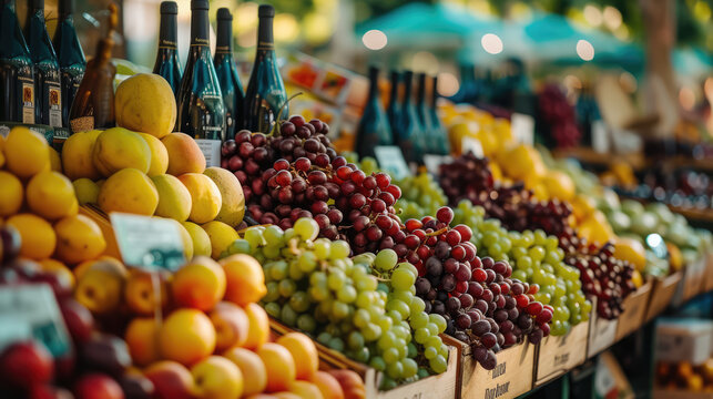 Fresh fruits and beverages on display at a market stall, enticing customers with vibrant colors and flavors.