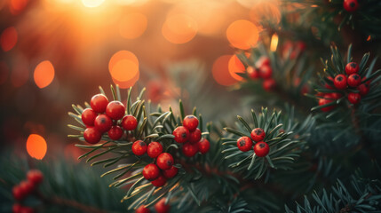 Festive pine branch adorned with vibrant red berries, set against a backdrop of warm, golden bokeh lights.