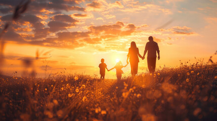 Family silhouette strolling through a field at sunset, holding hands and enjoying golden hour together.