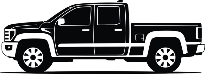 Side profile view of a modern four door pickup truck with a long bed in a bold black silhouette