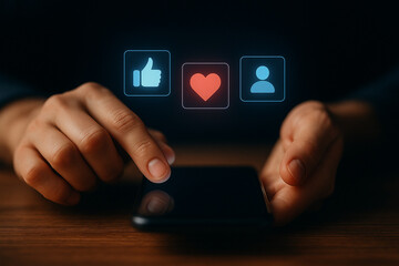 Finger presses a button on a futuristic touchscreen interface to connect to a digital business network