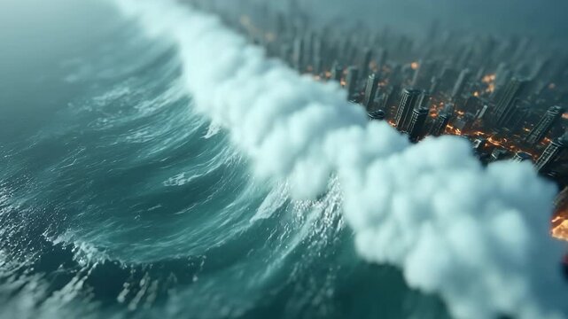 Drone shot of a storm surge Tsunami rolling over a coastal city, evoking a sense of impending doom and urgency. The scene captures nature's power, reminiscent of apocalyptic tales.