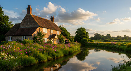 Obraz premium Countryside cottage river flowers landscape home rural scene house peaceful nature reflection sky clouds 100