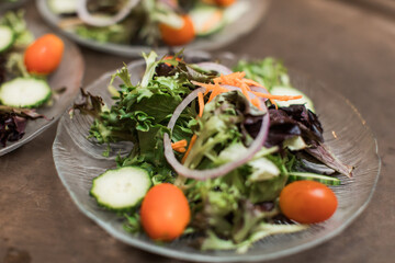Plated salads with greens, tomatoes, cucumber and onion without dressing on a clear plate