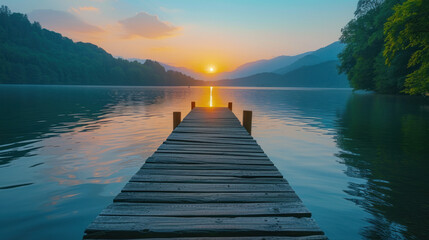 Obraz premium Dock leading to a serene lake at sunset, reflecting the golden sunlight and surrounded by wooded mountains.