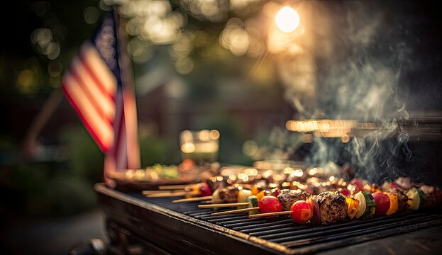 Backyard barbecue with skewers grilling, American flag in the background on a sunny day
