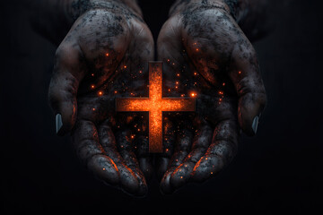 Obraz premium Cross Illuminating from Within Hands
