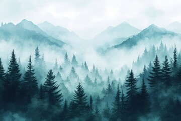 Fototapeta premium The beautiful watercolor nature landscape features a picturesque forest, complete with trees, nature, and sky, all blending together in perfect harmony
