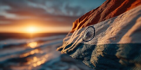 Tricolor Indian flag waving at sunset, emotional and proud moment