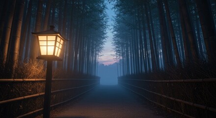 Misty bamboo forest path