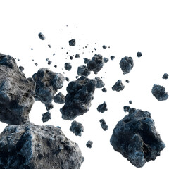 Asteroid field in deep space isolated on black, cosmic rock fragments background