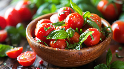 A Wooden Bowl Filled with fresh cherry tomatoes and fresh basil leaves, served on a rustic wood surface