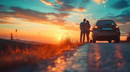 Obraz premium Couple admires scenic sunset from a roadside pull-off, next to their parked car during a road trip.