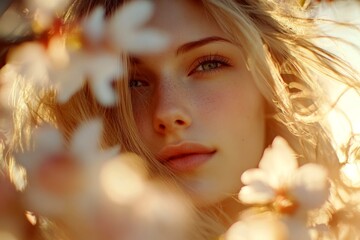 Fototapeta premium Commercial visual idea pattern idea. Gorgeous caucasian young woman surrounded by cherry blossoms. Spring mood, golden hour in sunset. Woman posing under cherry blossoms.